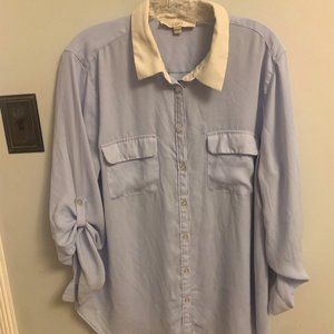 Blue button down blouse with white collar